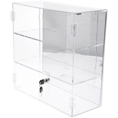 Plymor Clear Acrylic Rectangular Locking Display Case, 2 Shelves (Mirrored), 16.5" H x 16.25" W x 7" D