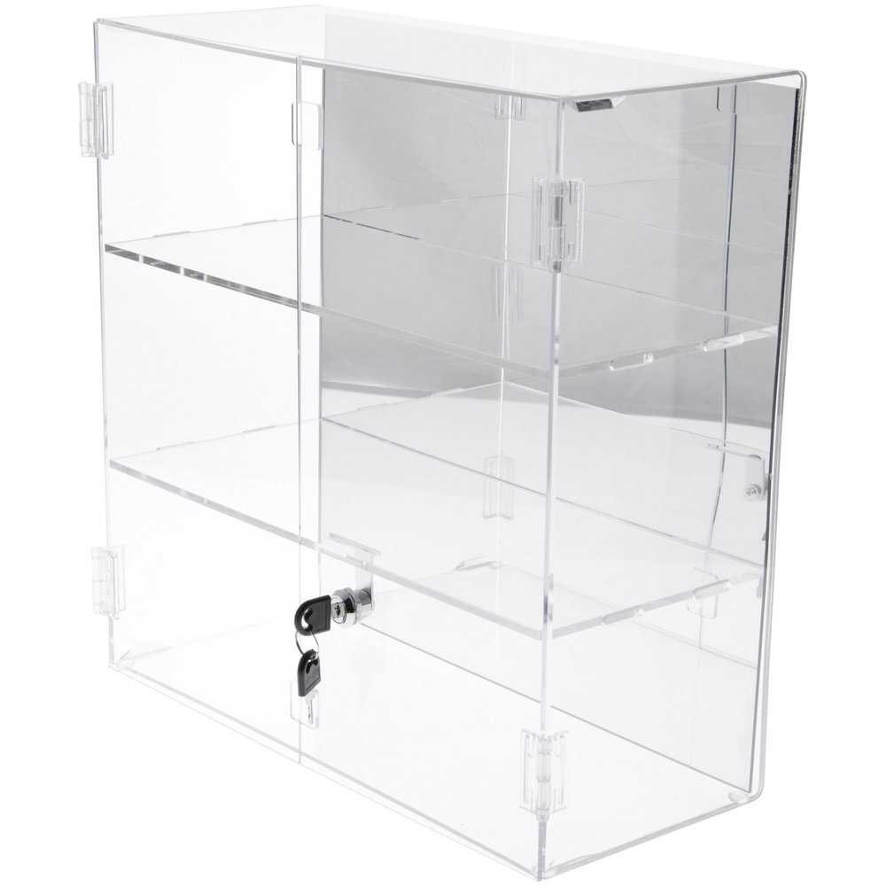 Plymor Clear Acrylic Rectangular Locking Display Case, 2 Shelves (Mirrored), 16.5" H x 16.25" W x 7" D