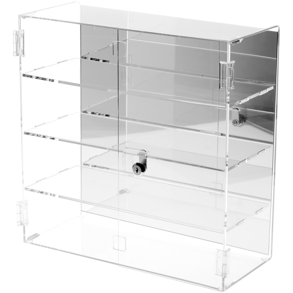Plymor Clear Acrylic Rectangular Locking Display Case, 3 Shelves (Mirrored), 16.5" H x 16.25" W x 7" D