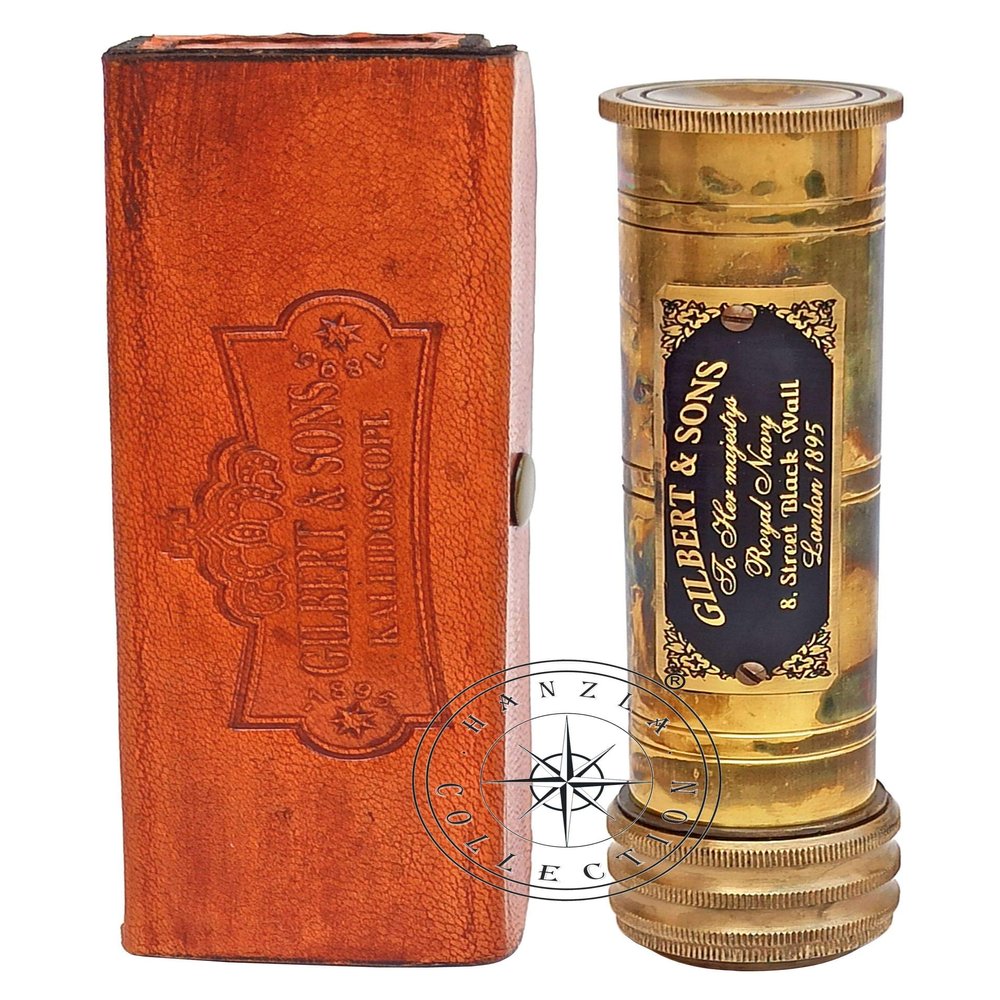 Gilbert & Sons Antique Brass Kaleidoscope Engraved Nautical Kids Gift with Leather Case Educational Gift Vintage Decor Collection