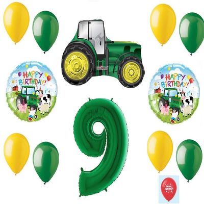 13 Piece New BALLOON set GREEN 9th #9 BIRTHDAY TRACTOR Ninth PARTY favors GIFT decoration