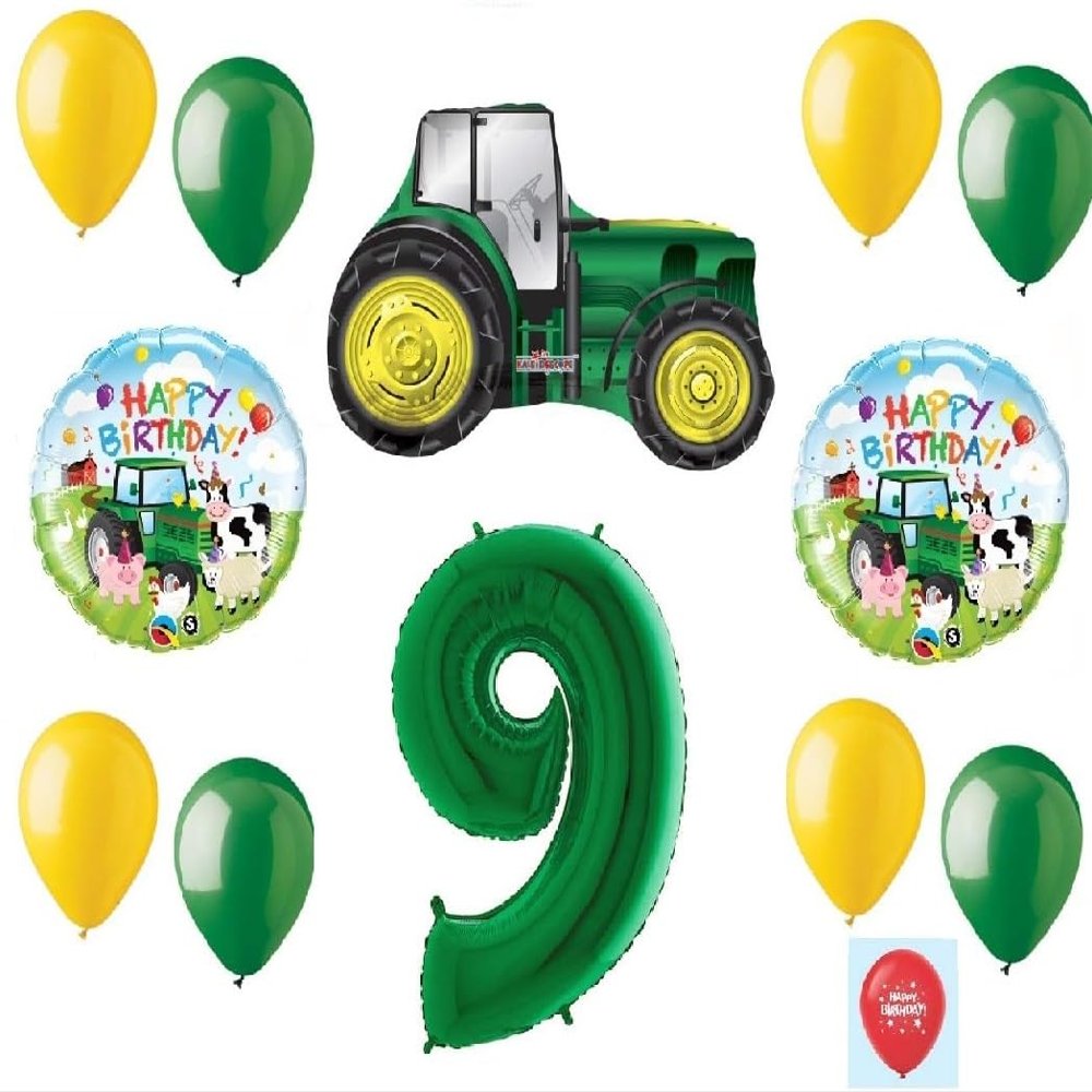 13 Piece New BALLOON set GREEN 9th #9 BIRTHDAY TRACTOR Ninth PARTY favors GIFT decoration