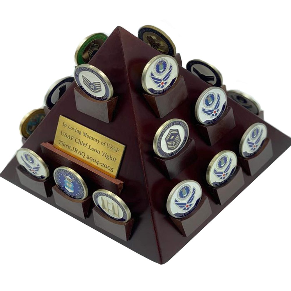 DECOMIL - Pyramid Shaped Military Challenge Coin & Poker/Casino Chip Display Solid Wood - Cherry Finish Customize