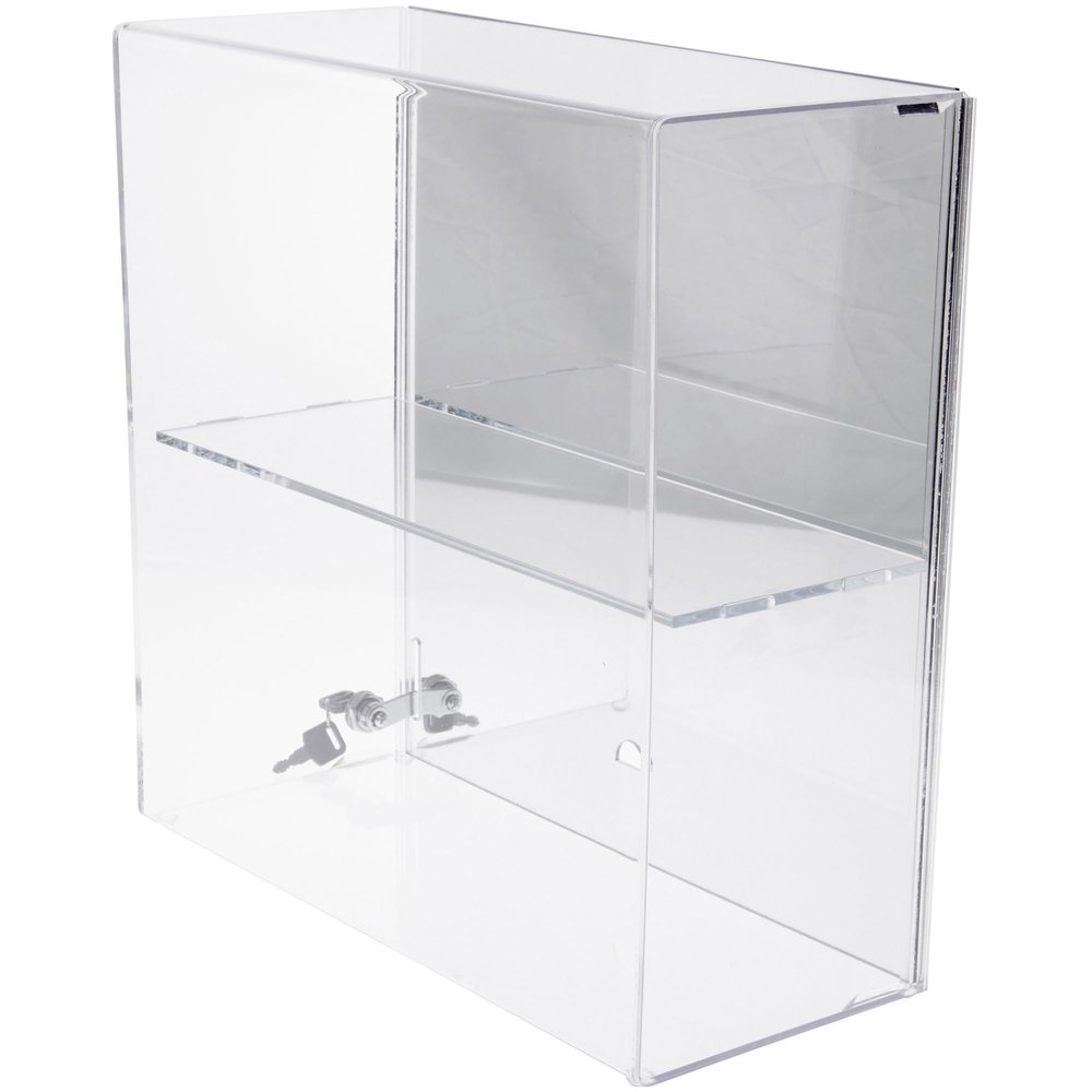 Plymor Clear Acrylic Locking Display Case with Sliding Back, 1 Shelf (Mirrored), 16.5" H x 16.25" W x 7" D