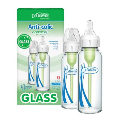 Dr. Brown's Anti-Colic Options+ Narrow Glass Baby Bottle with Level 1 Slow Flow Nipple, BPA-Free, 8 oz/250 mL, 2-Pack