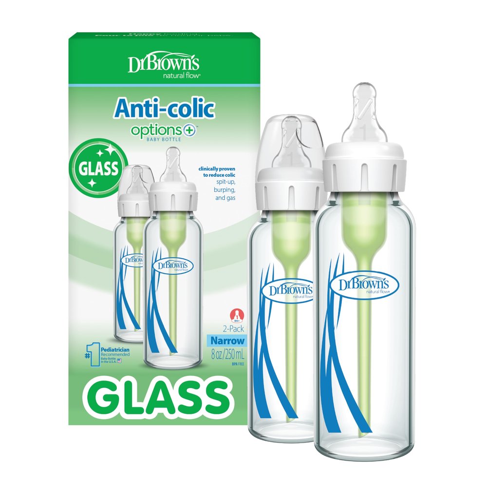 Dr. Brown's Anti-Colic Options+ Narrow Glass Baby Bottle with Level 1 Slow Flow Nipple, BPA-Free, 8 oz/250 mL, 2-Pack