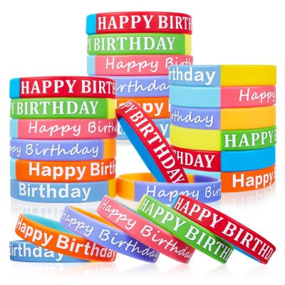 BBTO 48 Pieces Happy Birthday Rubber Bracelets Silicone Stretch Wristbands Colored Silicone Bracelets for Birthday Party Supplies(Cute Style)