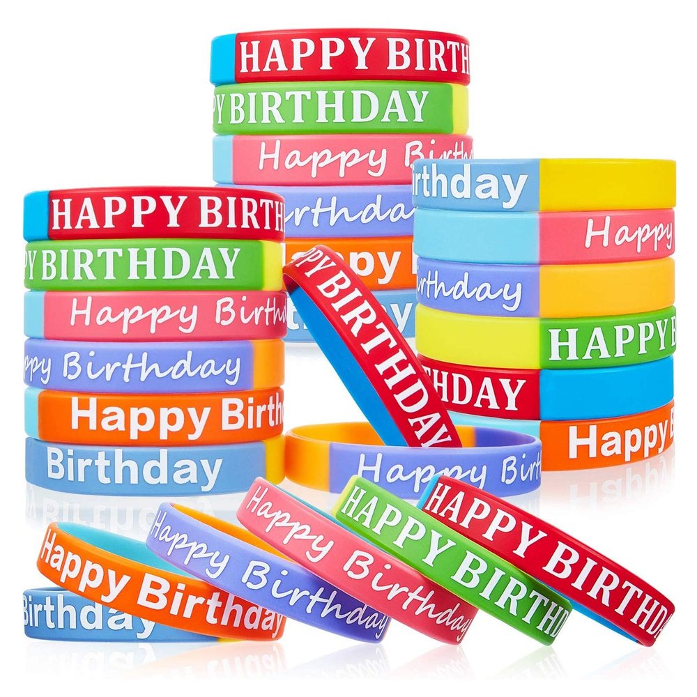 BBTO 48 Pieces Happy Birthday Rubber Bracelets Silicone Stretch Wristbands Colored Silicone Bracelets for Birthday Party Supplies(Cute Style)