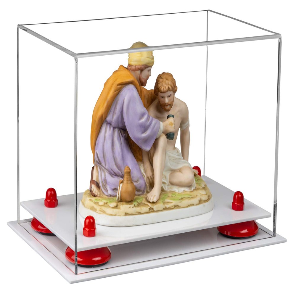 Better Display Cases Versatile Acrylic Clear Display Case - Small Rectangle Box with Red Risers and White Base 9.5" x 6" x 6.5" (A005-RR)