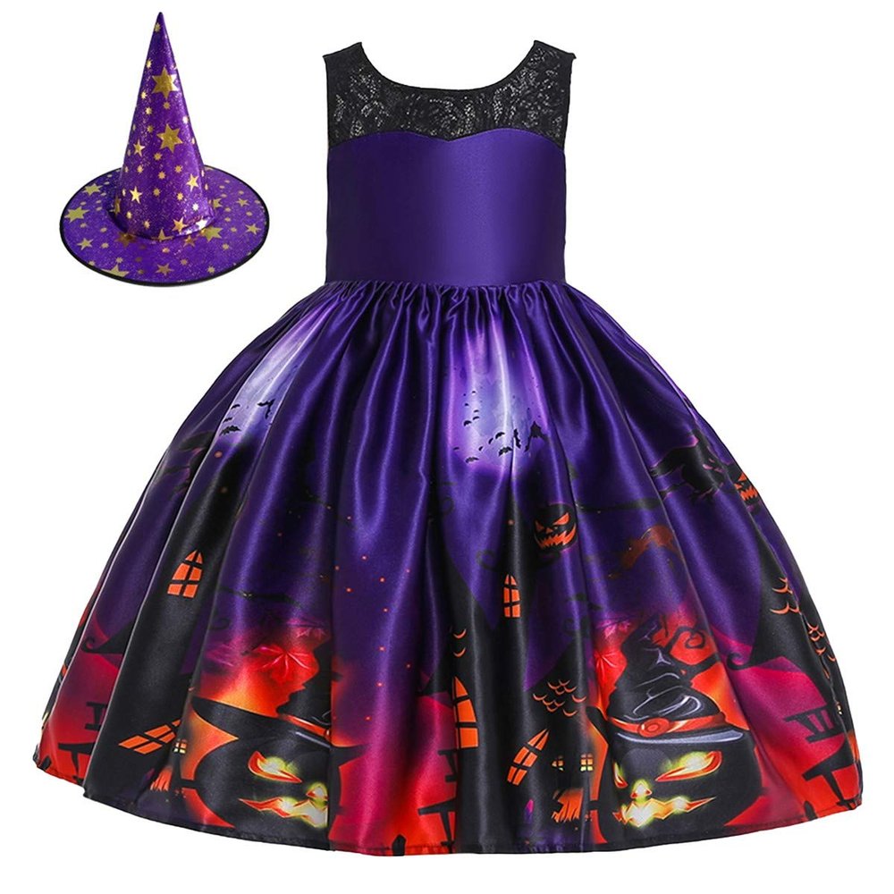 MYRISAM Kids Girls Halloween Costume Dress w/Witch Hat Ghost Pumpkin Skull Printed Fancy Dress Up Cosplay Party Outfits 6-7T