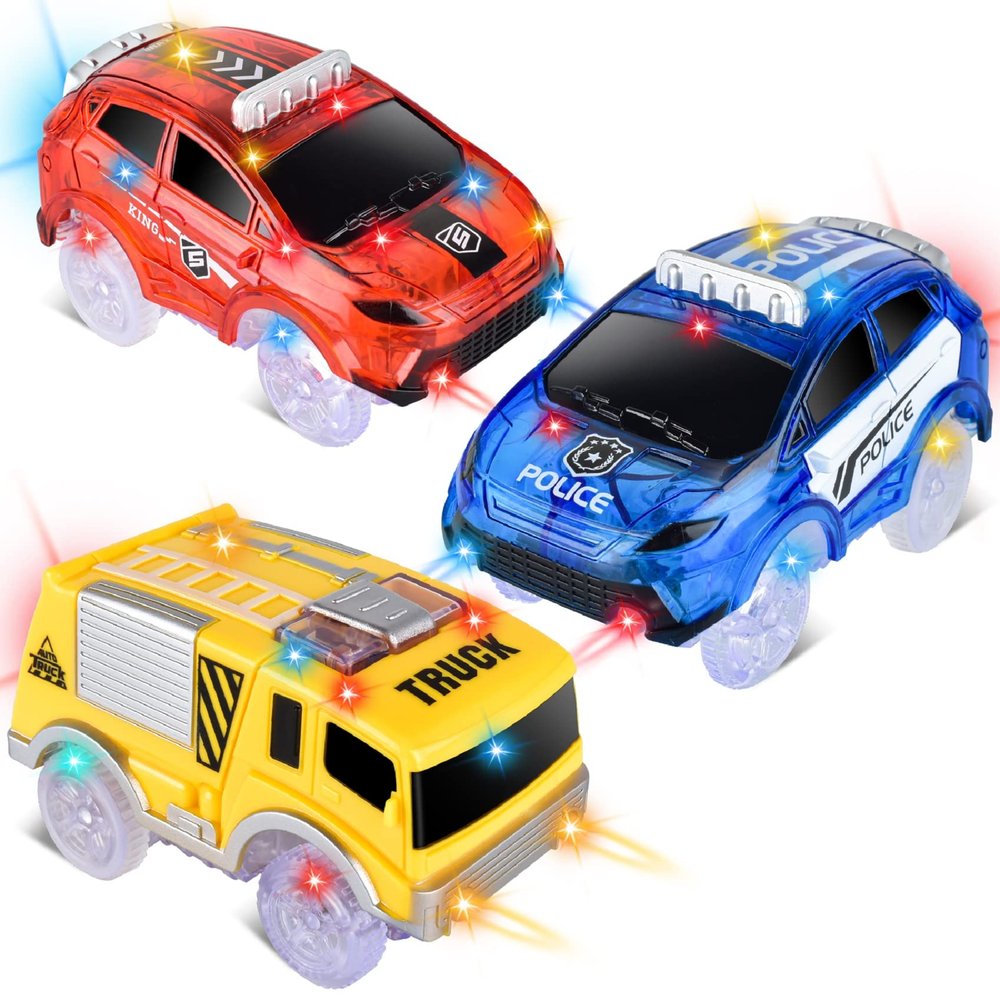Track Cars Only Replacement Light Up Toy Cars with 5 Flashing LED Lights for Tracks Glow in the Dark, Flex Race Car Track Accessories Compatible with Most Car Tracks for Kids (3 Pack) with Screwdriver