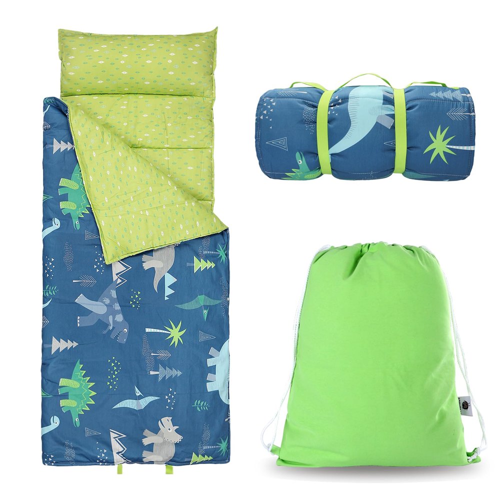 Hi Sprout Toddlers Nap Mat with Removable Pillow and Soft Blanket, Lightweight Daycare Preschool Kindergarten Sleeping Bag, Travel Slumber for Kids Girls Boys-Dinosaur