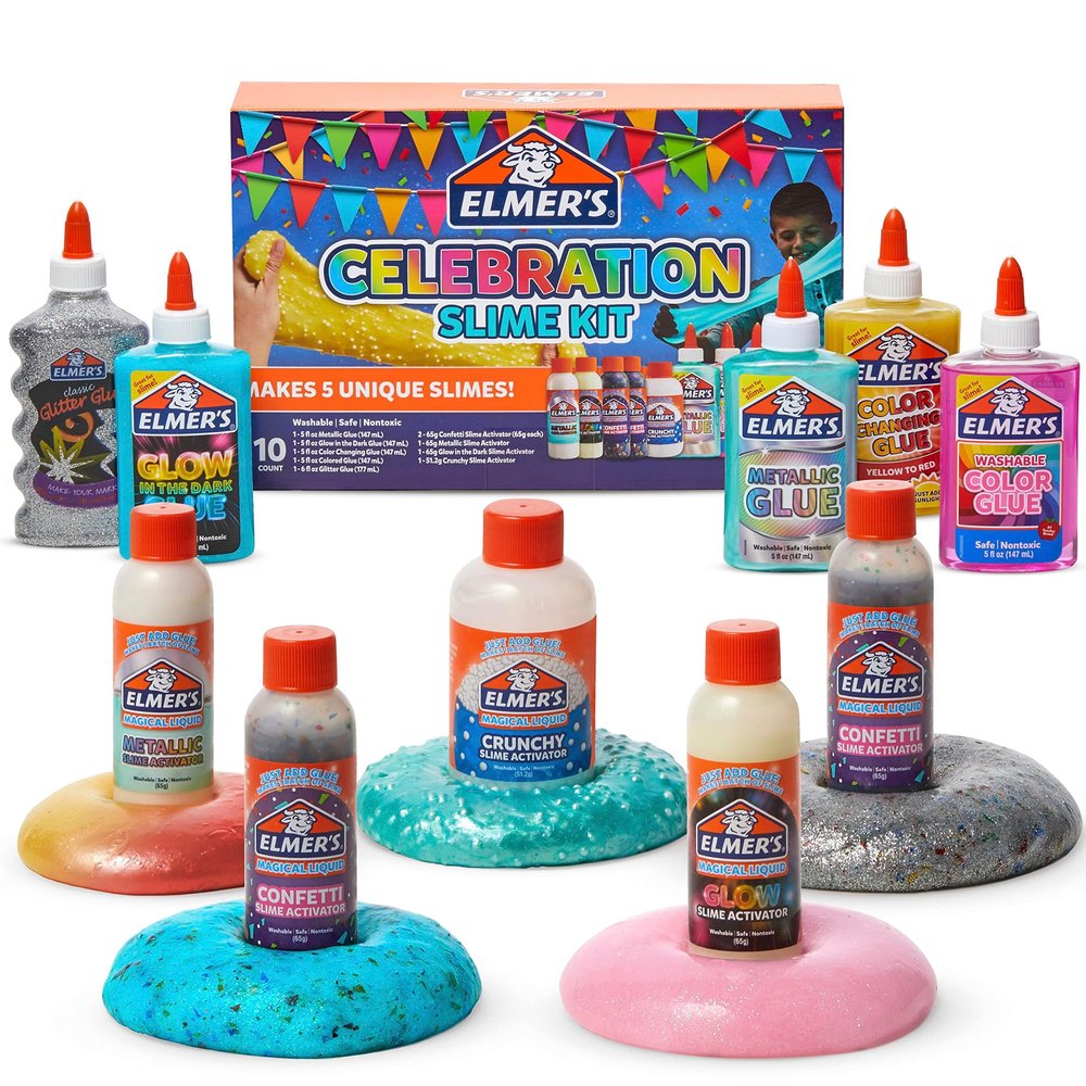 Elmer's Celebration Slime Kit, Complete Slime Supplies, Includes Assorted Magical Liquid Slime Activators and Liquid Glues, 10 Count - Kids Activity, Creative Fun, Arts & Crafts