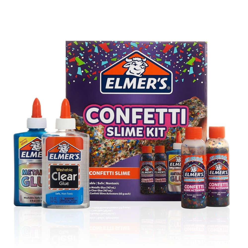 Elmers Confetti Slime Kit, Slime Supplies Include Metallic Glue, Clear Glue, Confetti Magical Liquid Activator, 4 Count - Perfect for Parties, Gift, Kids Activity Time