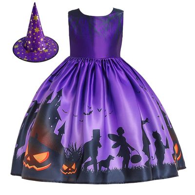 MYRISAM Kids Girls Halloween Costume Dress w/Witch Hat Ghost Pumpkin Skull Printed Fancy Dress Up Cosplay Party Outfits 6-7T