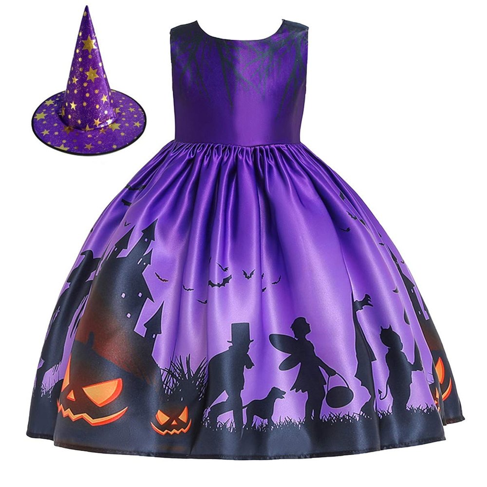 MYRISAM Kids Girls Halloween Costume Dress w/Witch Hat Ghost Pumpkin Skull Printed Fancy Dress Up Cosplay Party Outfits 6-7T