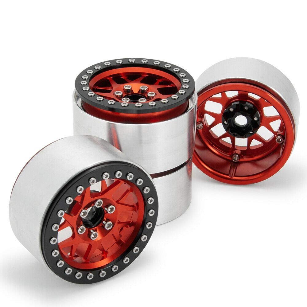 4PCS 2.2" RC Aluminum Beadlock Wheels w/Hubs for For for 1/10 RC Axial Wraith RR10 YETI SCX10 D90 TRX4 CC01 (RED)
