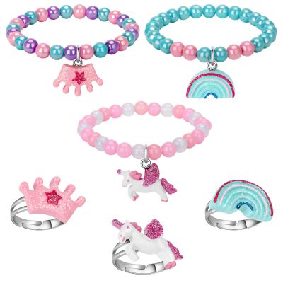Annilubaby Unicorn Bracelet Ring Set - Rainbow Shiny Crown Bracelet for Toddler Girls - Little Girl Jewel Rings Set Girl Pretend Play and Dress Up Rings