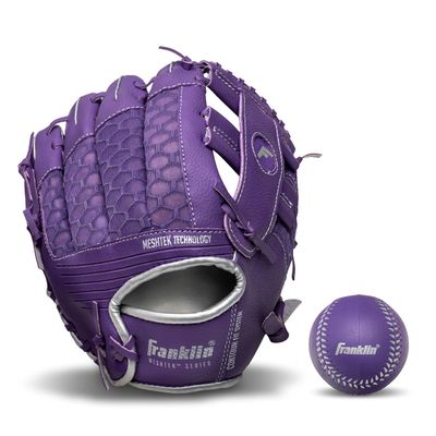 Franklin Sports Meshtek Teeball Fielding Glove with Ball - Right Hand Throw - 9.5" - Purple/Chrome