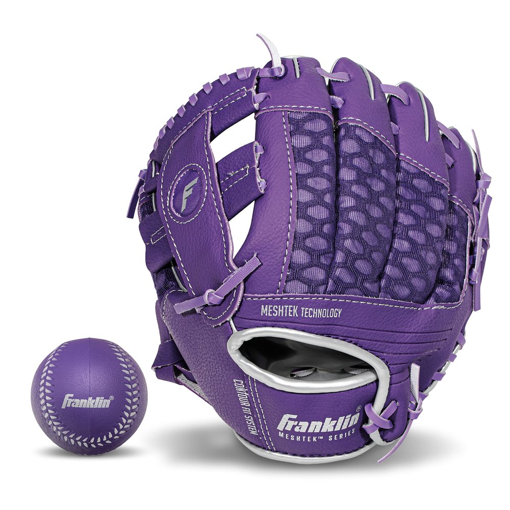 Franklin Sports Meshtek Teeball Fielding Glove with Ball - Left Hand Throw - 9.5" - Purple/Chrome