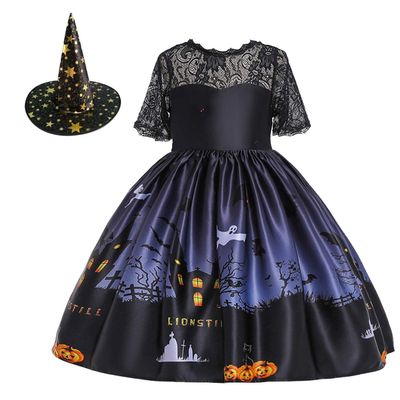 MYRISAM Kids Girls Halloween Costume Dress w/Witch Hat Ghost Pumpkin Skull Printed Fancy Dress Up Cosplay Party Outfits 6-7T
