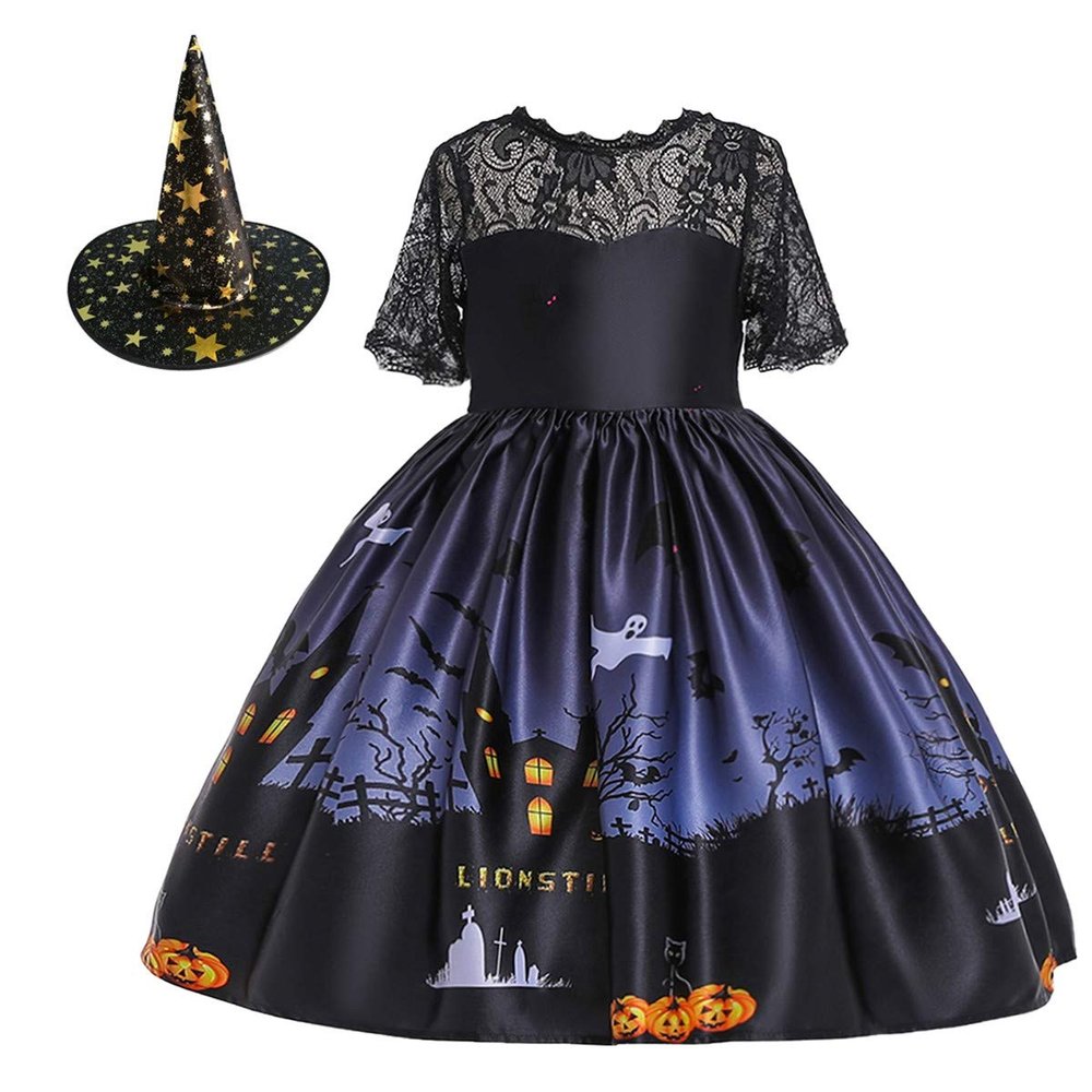 MYRISAM Kids Girls Halloween Costume Dress w/Witch Hat Ghost Pumpkin Skull Printed Fancy Dress Up Cosplay Party Outfits 6-7T