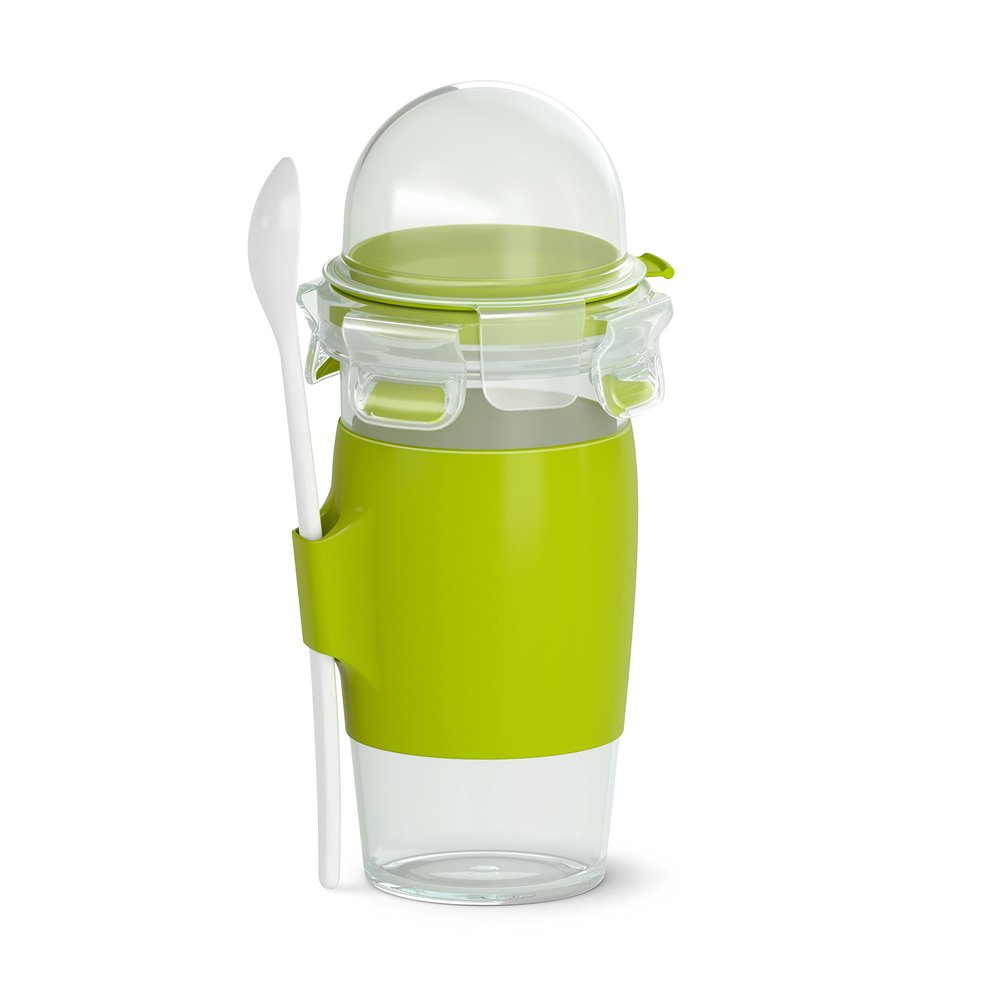 Emsa Clip&Go Yoghurt Mug 450 ml Round with Spoon and Topping Compartment Transparent / Light Green