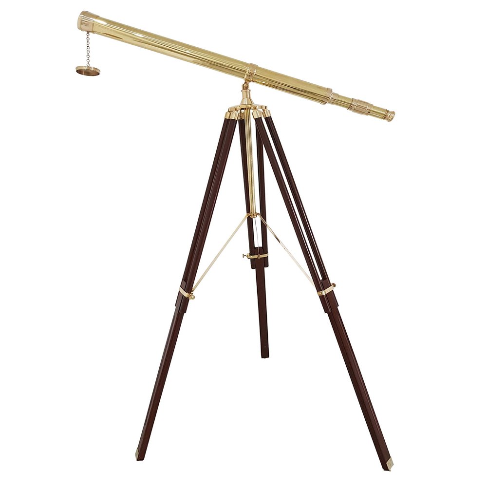 Nautical Brass Telescope 65" Floor Standing Griffith Scope with Brown Wooden Tripod | Maritime Decor Piece with Removable Cap & Chain
