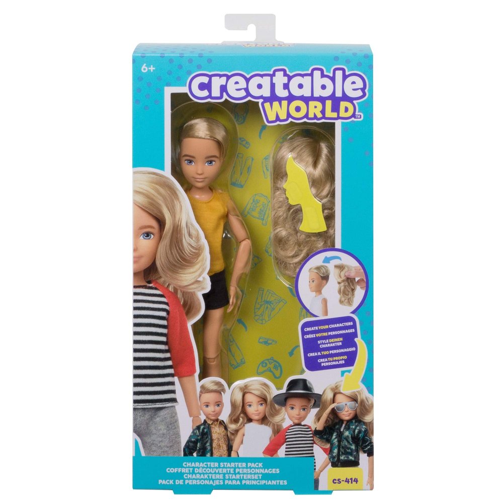 Creatable World Character Starter Pack CS-414, Blonde Doll with Blue Eyes, Wavy Long-Hair Wig, Removable Tank and Shorts, Creative Play for All Kids 6 Years Old and Up