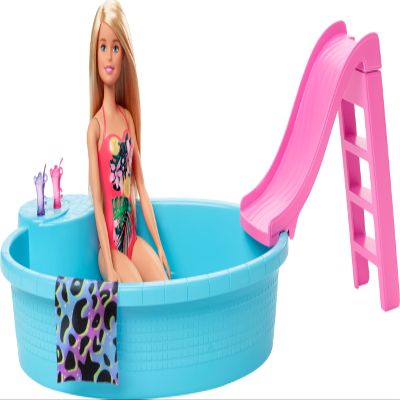 Barbie Doll & Pool Playset with Pink Slide, Beverage Accessories & Towel, Blonde Fashion Doll in Tropical Swimsuit