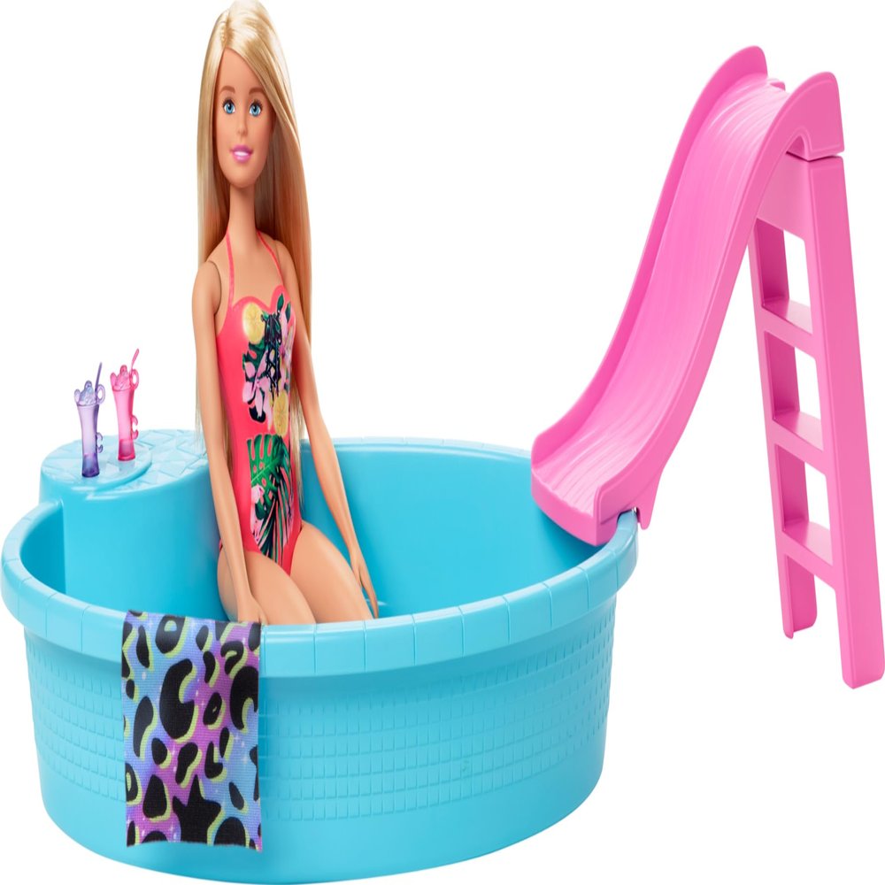 Barbie Doll & Pool Playset with Pink Slide, Beverage Accessories & Towel, Blonde Fashion Doll in Tropical Swimsuit