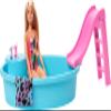 Barbie Doll & Pool Playset with Pink Slide, Beverage Accessories & Towel, Blonde Fashion Doll in Tropical Swimsuit view 1