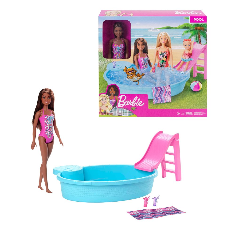 Barbie Doll & Pool Playset with Accessories that Include a Pink Slide, Beverages & Towel, Brunette Fashion Doll in Floral Swimsuit