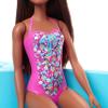 Barbie Doll & Pool Playset with Accessories that Include a Pink Slide, Beverages & Towel, Brunette Fashion Doll in Floral Swimsuit view 3