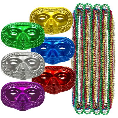 AnapoliZ Mardi Gras Masks 12pcs | Mardi Gras Beads 12 Pcs | Masquerade Set 24 pcs Total | Assorted Metallic Colors Carnival Half Masks | Assorted Metallic 33 Inch Beaded Necklaces
