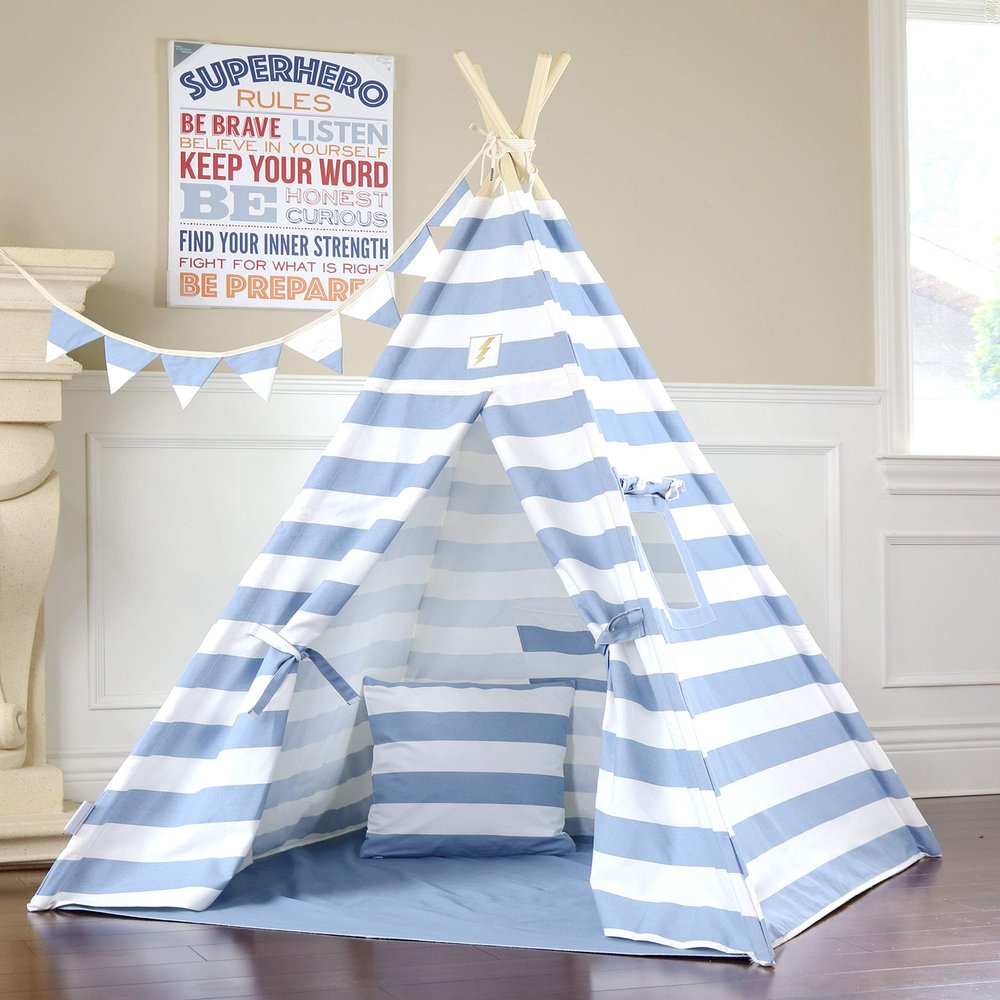 Blue Stripe Teepee with Floor, Pocket, Window, Flag Banner, LED Light and Hand Bag, Play Tent, Play House, Kids Room Decor