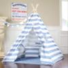 Blue Stripe Teepee with Floor, Pocket, Window, Flag Banner, LED Light and Hand Bag, Play Tent, Play House, Kids Room Decor view 1