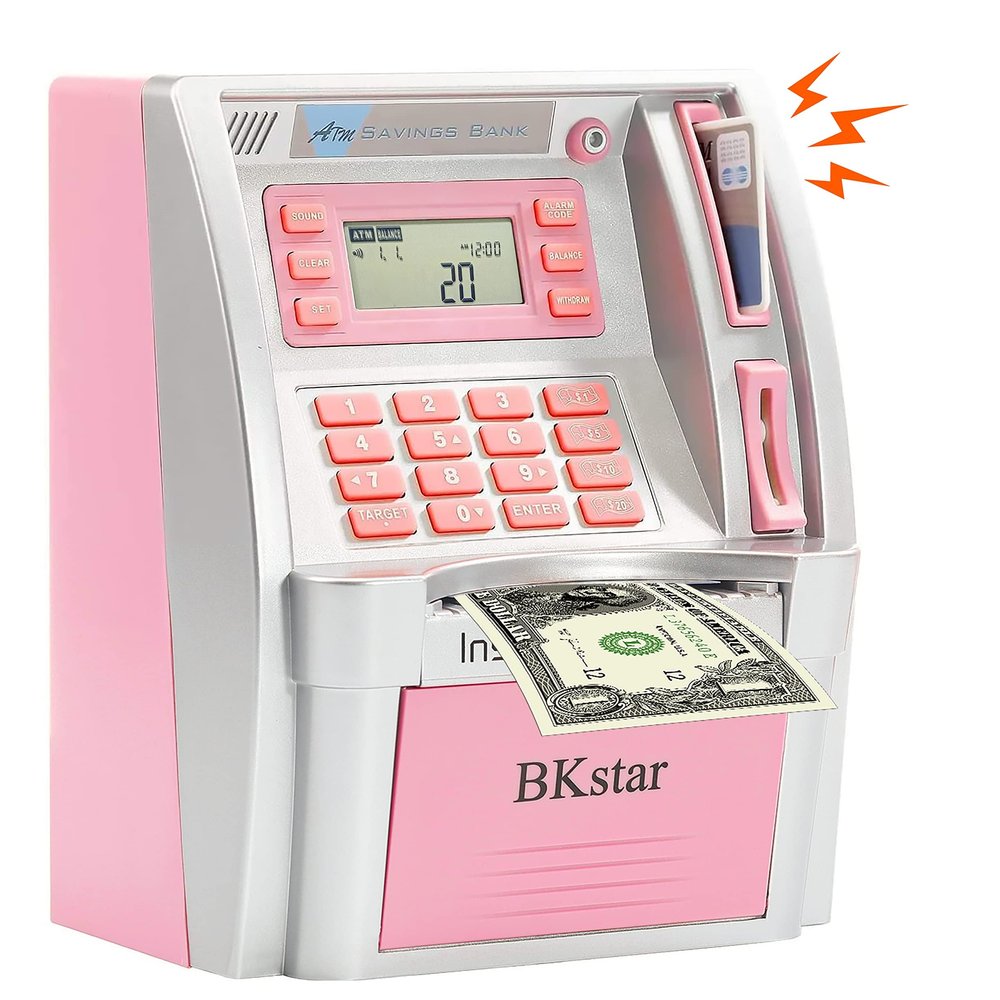 BKstar ATM Piggy Bank for Kids - Talking Electronic Money Bank with Debit Cards & Digital Coin Counter for Real Money, Boys Girls
