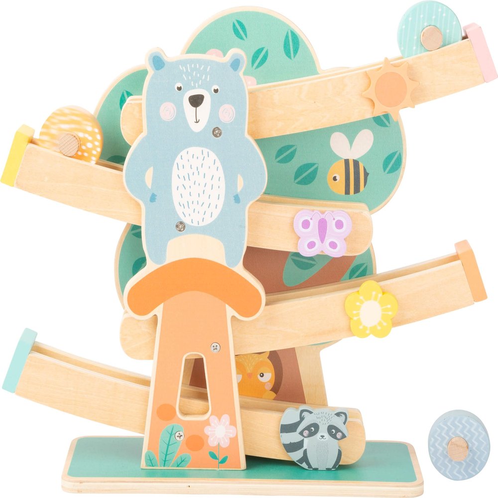 Small Foot 11473 Wooden Marble Run, on 3 Wheels and Including Animals and Flowers in Bright Colours, for Ages 1.5 Years and up Toys, Multicolored