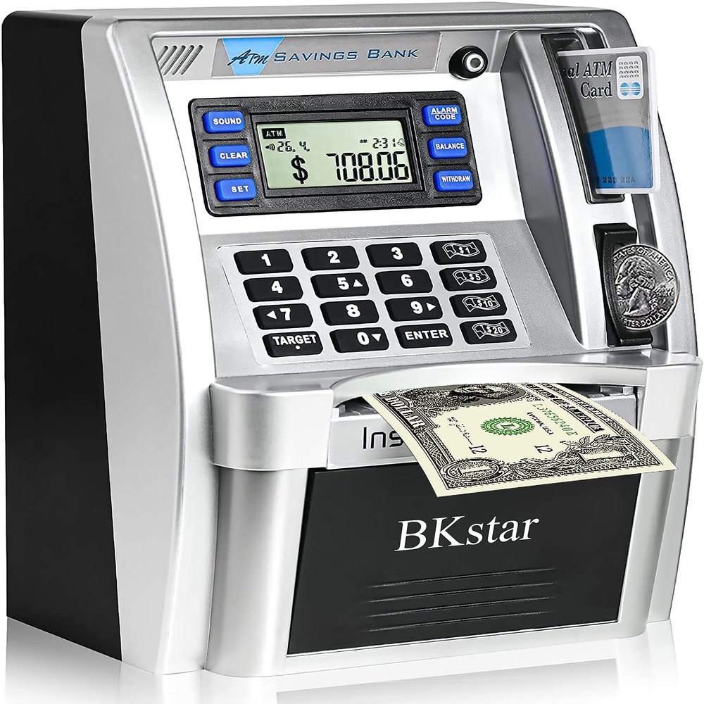 BKstar ATM Piggy Bank for Real Money for Kids/Boys with Power-Off Memory, Debit Card, Onekey Shutdown, Coin Recognition, Target Setting, Bill Feeder, Balance Calculator, Savings Machine Box