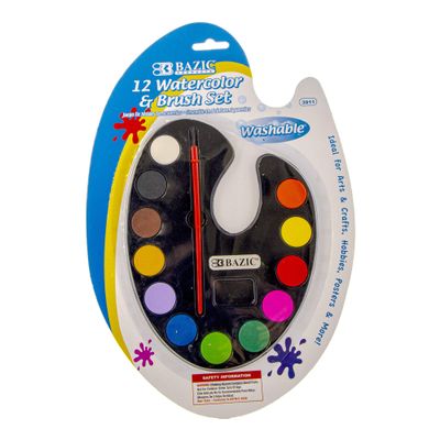 BAZIC PRODUCTS Watercolor w/Brush, 12 Colors Non-Toxic Paint Set, for Hobby Fun Art Supplies Vibrant Color Painting, Gift for Artists Beginners, 24-Pack