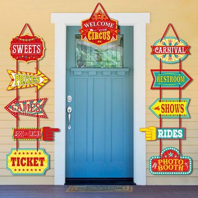 KATUMO Carnival Decorations, 11 Pcs Large Circus Carnival Signs Circus Theme Party Signs Carnival Party Supply Decor Paper Cutouts with Glue Point Dots and 2 Ropes