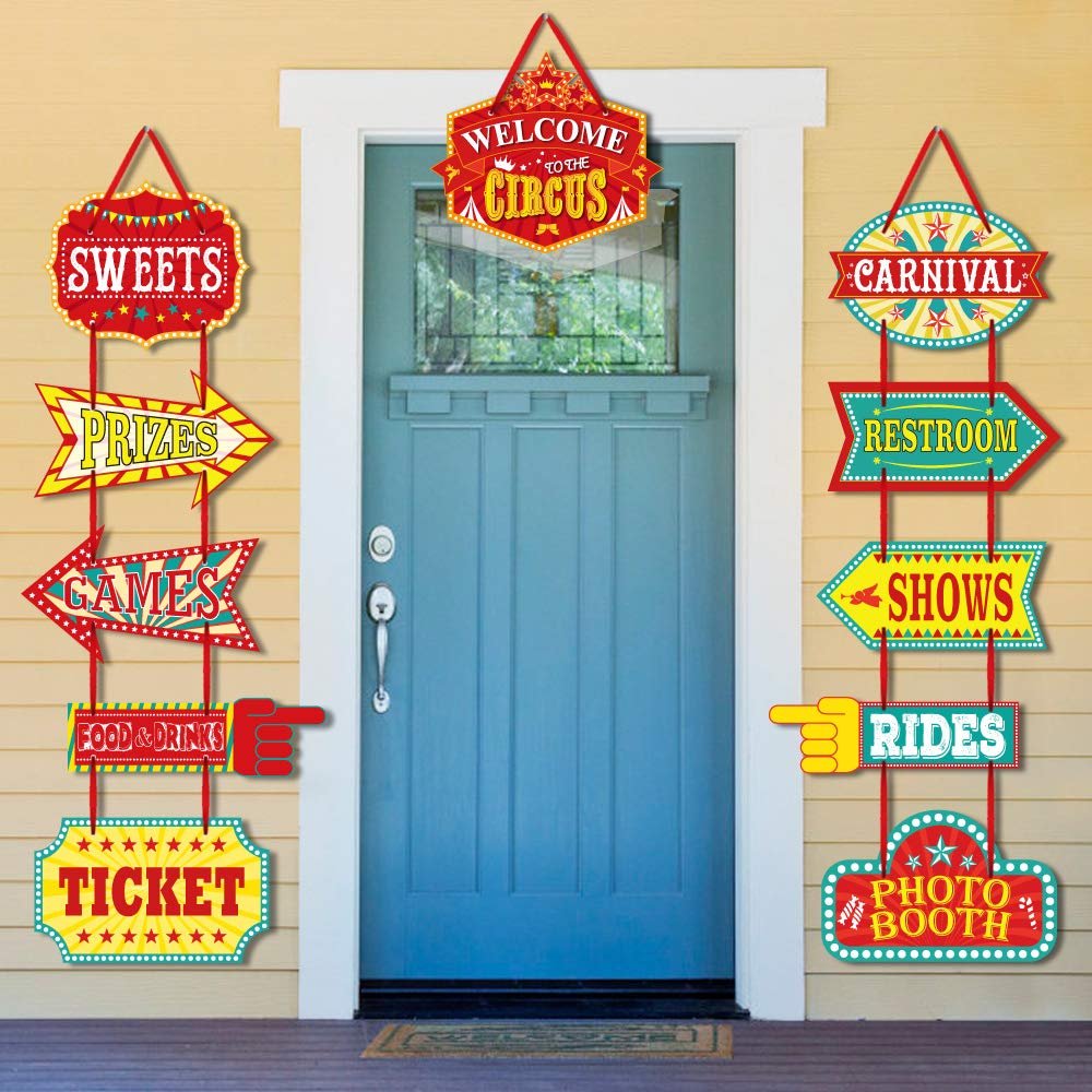 KATUMO Carnival Decorations, 11 Pcs Large Circus Carnival Signs Circus Theme Party Signs Carnival Party Supply Decor Paper Cutouts with Glue Point Dots and 2 Ropes