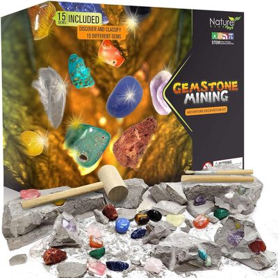 Nature Gear Gemstone Dig Kit for Kids, Educational Crystal Excavation Kit with 15 Mystery Gems, Interactive Adventure Fossil Mining Toy for Kids Age 3-5 and Up