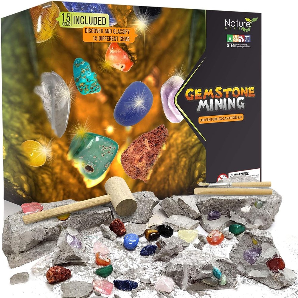 Nature Gear Gemstone Dig Kit for Kids, Educational Crystal Excavation Kit with 15 Mystery Gems, Interactive Adventure Fossil Mining Toy for Kids Age 3-5 and Up