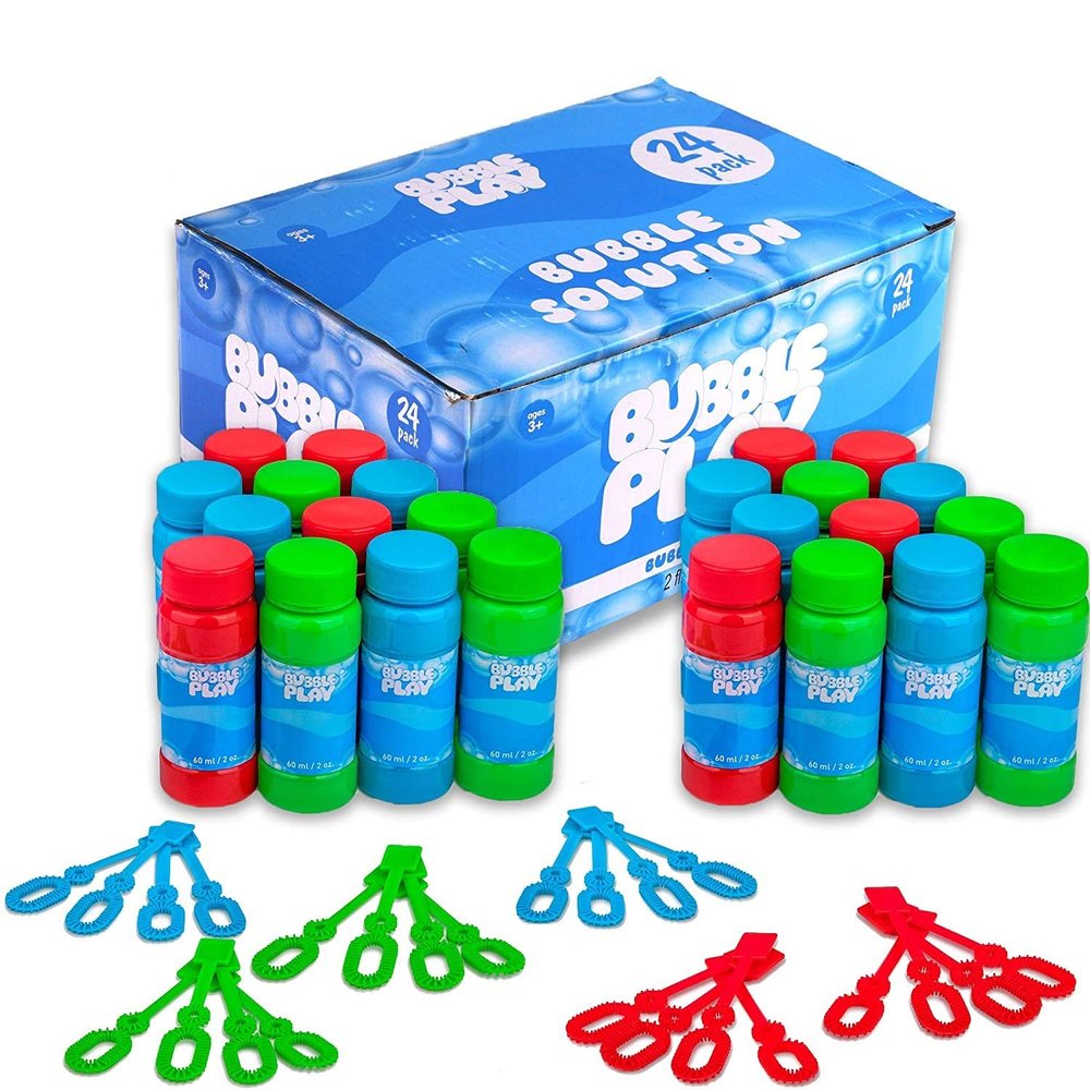BubblePlay Bubble Blower Bottles with Wands - 24 Pack 2 Oz Bottles of Bubble Solution with Wands for Kids - Outdoor Summer Fun, Birthday Party Favors (24 Pack)