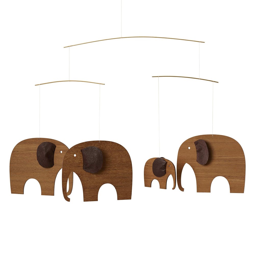 Elephant Party Hanging Nursery Mobile, Teak - 29 Inches - Teak Wood - Handmade in Denmark by Flensted