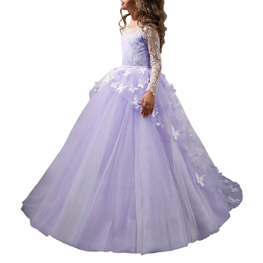 ABaoWedding Lovely Flower Girl Dress Lace Long Sleeves Prom Gown (Lilac, 12)