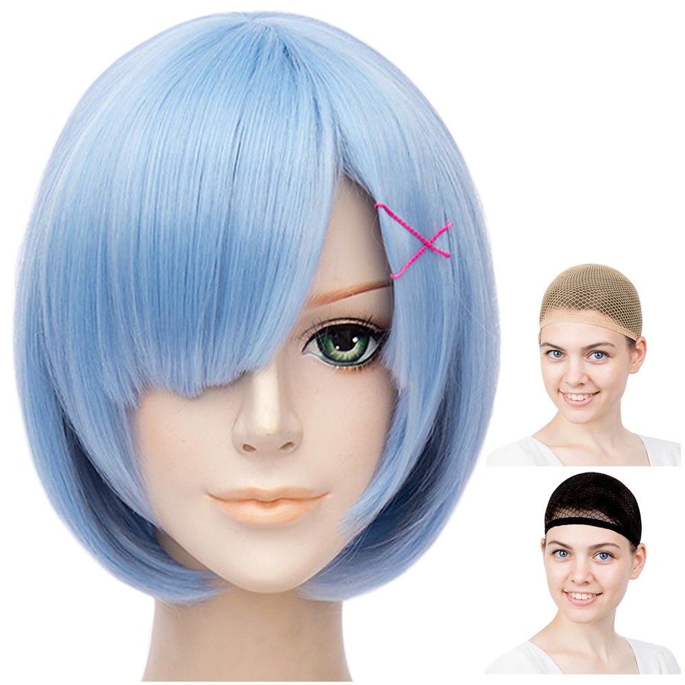 CaseEden Cosplay Wig, Re:Zero - Starting Life in Another World, Resero, Rem, Short, Light Blue, Light Blue & White Merche Wig Net, Set of 2