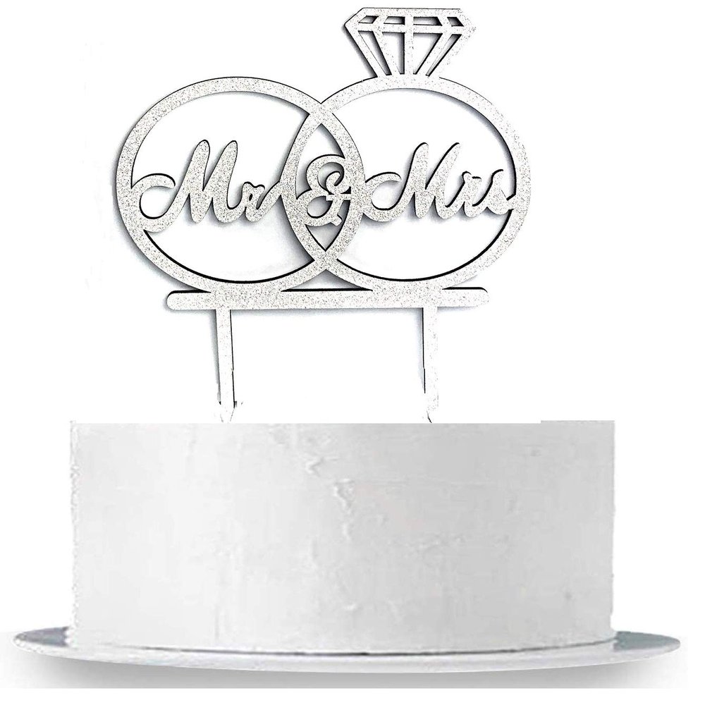 OOKI- Mr and Mrs Double Sided Glitter Wood Topper for Wedding Cake Party Cake Decoration Bride and Groom Love (Silver)